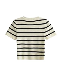 Women Fashion Striped Basic Cropped Knit Sweater Vintage O Neck Short Sleeve Female Pullovers Chic Tops