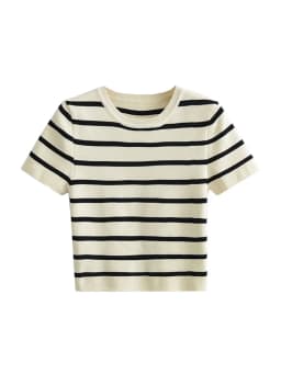 Women Fashion Striped Basic Cropped Knit Sweater Vintage O Neck Short Sleeve Female Pullovers Chic Tops