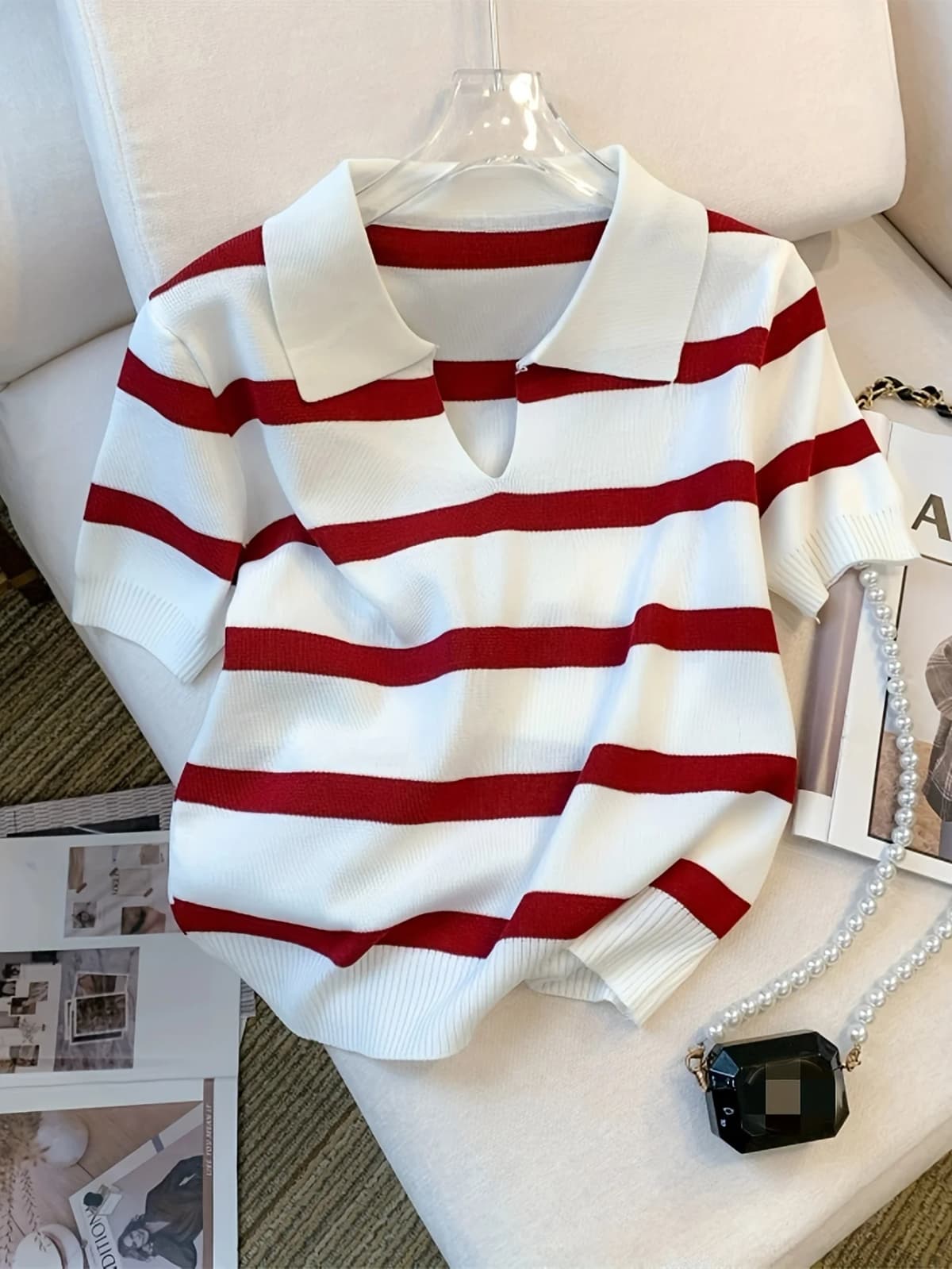 2026 New Striped Pattern Collared Sweater Versatile Short Sleeve Knitted Top For Spring & Summer Women's Clothing Crop Top