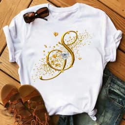 Custom Name Letter Combination Fashion Women T-shirt Diamond Gold Letter Font A B C D E F G Short Sleeve Tops Black T-shirt