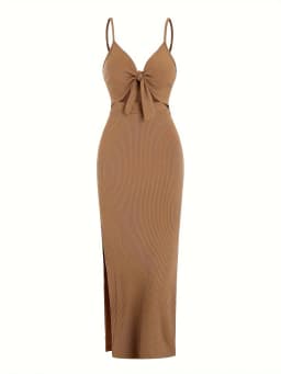 Europe and America Knit Simple Sleeveless Suspender Dress in Spring and Summer, Leaking Back and sexy Long Skirt with Neck.