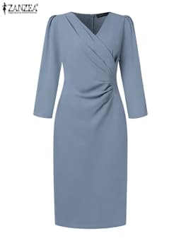ZANZEA Women’s Sexy V-Neck Bodycon Party Dress, Ruched Waist Knee Length Dress 3/4 Sleeve, Summer Elegant Office Work Robe Femme