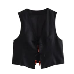 MUJER 2025 Black Cropped Vest Women Jacket Beading Tied Sleeveless Vest Woman Fashion V Neck Summer Vest Short Coats Waistcoat