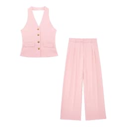 HH Women 2 Piece Set Halter Neck Single-Breasted Pocket Sleeveless Halter Vest Tops+High Waist Zipper Pockets Wide Leg Pant