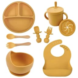 Food Grade Silicone Child Dish Set Baby Feeding Bowl Suction Plate Straw Cup Wooden Spoon Fork for Kids Tableware Toddler Dishes