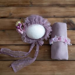Newborn Stretch Knit Mohair Wrap Lace Frill Sewing Bonnet And Headband Photography Prop Baby Wrap Three Piece Set