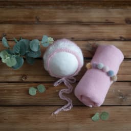Newborn Stretch Knit Mohair Wrap Lace Frill Sewing Bonnet And Headband Photography Prop Baby Wrap Three Piece Set