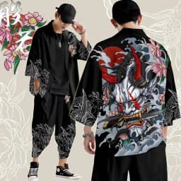 Large Size 5XL 6XL Japanese Kimono Cardigan Pants Set Print Fox Men Women Shirt Tradition Yukata Haori Obi Cosplay Costume