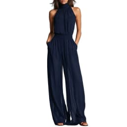 Women's Summer Jumpsuit, Halter High Neck Sleeveless Chiffon Wide Leg Rompers, Smocked Waist Backless Vacation One Piece Outfits