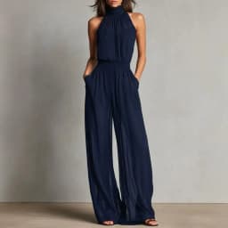 Women's Summer Jumpsuit, Halter High Neck Sleeveless Chiffon Wide Leg Rompers, Smocked Waist Backless Vacation One Piece Outfits