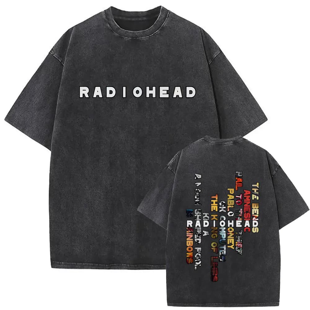 Washed Vintage Radiohead Music Album Cover Graphic T-shirt Men Women Retro Rock Gothic T Shirt Men's 90s Oversized Short Sleeve