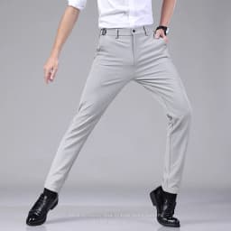Summer Ultra-thin Elastic Men's Casual Trousers Quick-drying Ice Silk Slim Straight Business Solid Color Pants Black Gray 28-38