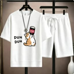 Cute Cartoon Cat Funny Print Pattern Loose Short-Sleeved Set for Men - Casual Waffle-Style Sports Outfit