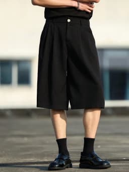 Black Loose Men's Suit Shorts Summer Drapey Five-Button Casual High-Waisted Straight Leg Wide Leg Mid-Length Pants