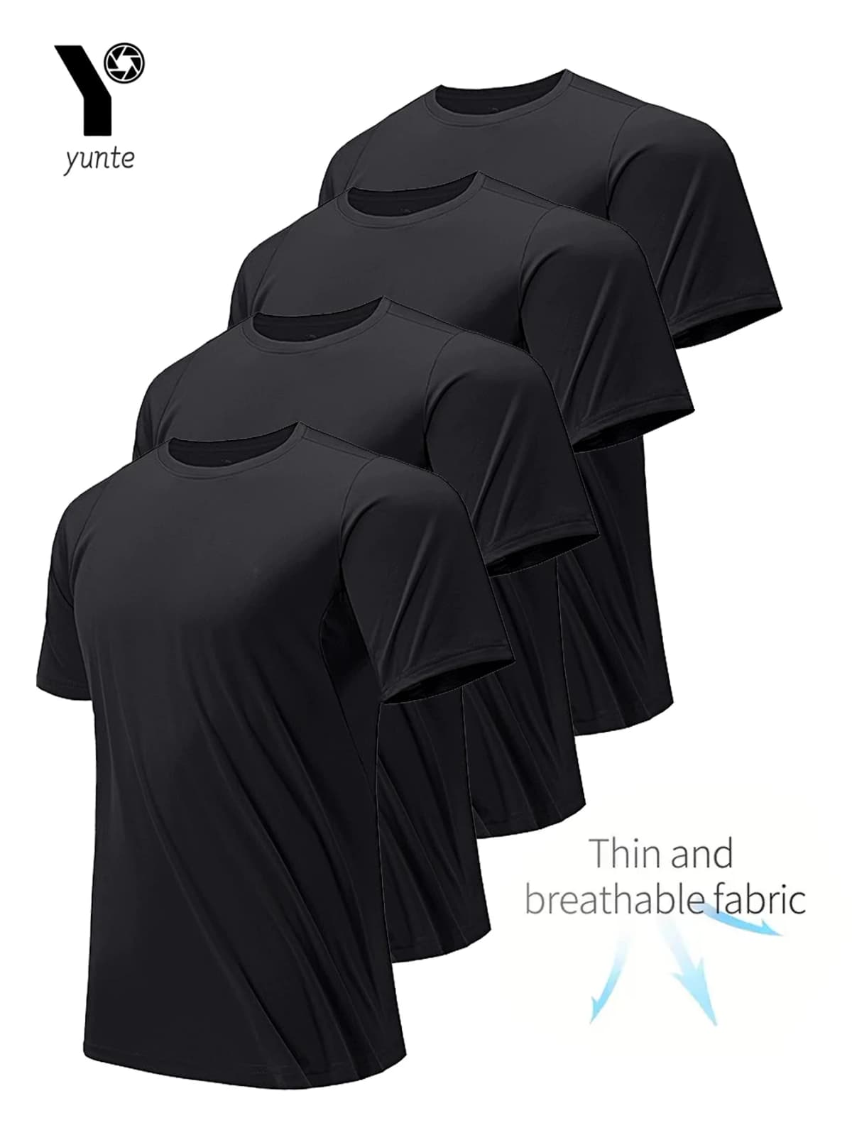Round Neck T-Shirt 4-Pack Black Ultra-Light Men's Quick-Drying Breathable Sweat-Absorbent Shirt Suitable for Fitness Gym and Running