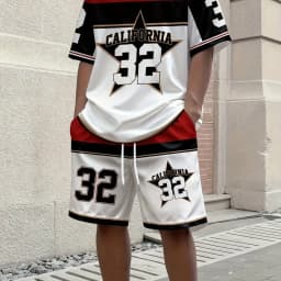 American Men's Summer Letter Stripe Print Comfortable Breathable Round Neck T-Shirt Drawstring Shorts Set Outdoor Streetwear