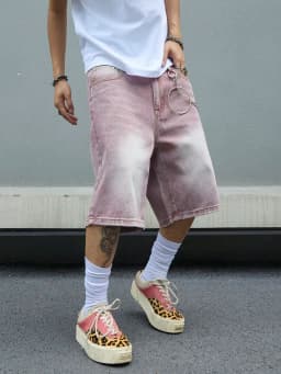 Men's Pink Gradient Denim Shorts Vintage Wash Baggy Jorts Wide Leg Streetwear Oversized Knee Length Summer Shorts Y2K Fashion