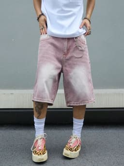 Men's Pink Gradient Denim Shorts Vintage Wash Baggy Jorts Wide Leg Streetwear Oversized Knee Length Summer Shorts Y2K Fashion