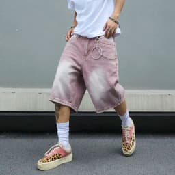 Men's Pink Gradient Denim Shorts Vintage Wash Baggy Jorts Wide Leg Streetwear Oversized Knee Length Summer Shorts Y2K Fashion