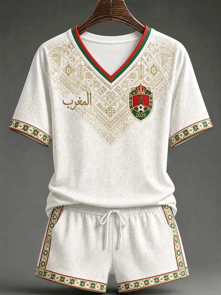 White Red Morocco 2026 Football Jersey Shorts Set Arabic Geometric Print V Neck Quick Dry Soccer Training Kit Male Supporters