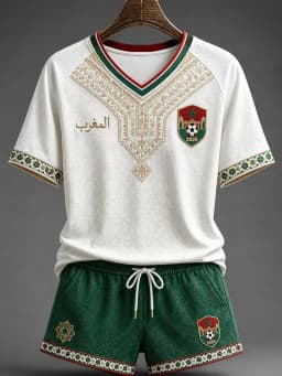 White Red Morocco 2026 Football Jersey Shorts Set Arabic Geometric Print V Neck Quick Dry Soccer Training Kit Male Supporters