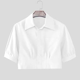 INCERUN Men's Shirt Solid Lapel Puff Short Sleeve Casual Crop Tops For Man Summer Loose 2026 Pockets Fashion Men Clothes Camisa