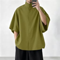 Japanese Style Men Stand Collar Half Sleeve Shirt Loose Oversized Solid Color Hidden Button Casual Blouse Lightweight Streetwear