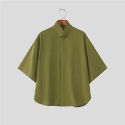 Japanese Style Men Stand Collar Half Sleeve Shirt Loose Oversized Solid Color Hidden Button Casual Blouse Lightweight Streetwear