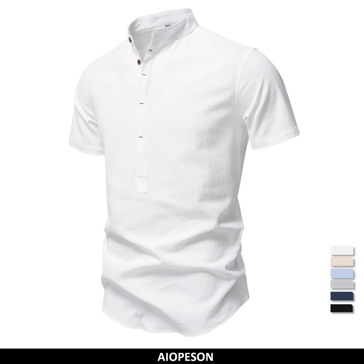 AIOPESON Mens Short Sleeve Solid Color Linen Shirt Turn Down Collar Casual Summer Breathable Comfort Shirt