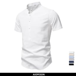 AIOPESON Mens Short Sleeve Solid Color Linen Shirt Turn Down Collar Casual Summer Breathable Comfort Shirt