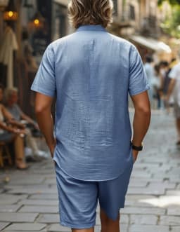 Men's Cotton100 Shirt & Shorts Set Short Sleeve Light Blue Loose Fit Casual Summer Beach Vacation Daily Two-Piece Outfit