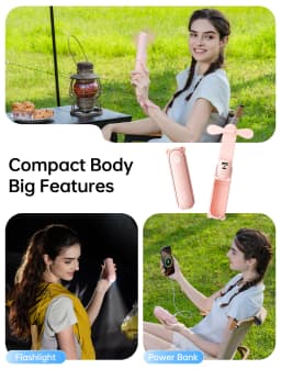 JISULIFE Portable Fan Mini Handheld Fan USB 4500mAh Recharge Hand Held Small 3 In1 Pocket Fan with Power Bank Flashlight Feature