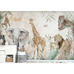 Milofi Custom Mural Wallpaper Watercolor Jungle Animal Giraffe Elephant Zebra Peel And Stick Wall Mural For Nursery Home Decor
