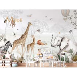 Milofi Custom Mural Wallpaper Watercolor Jungle Animal Giraffe Elephant Zebra Peel And Stick Wall Mural For Nursery Home Decor