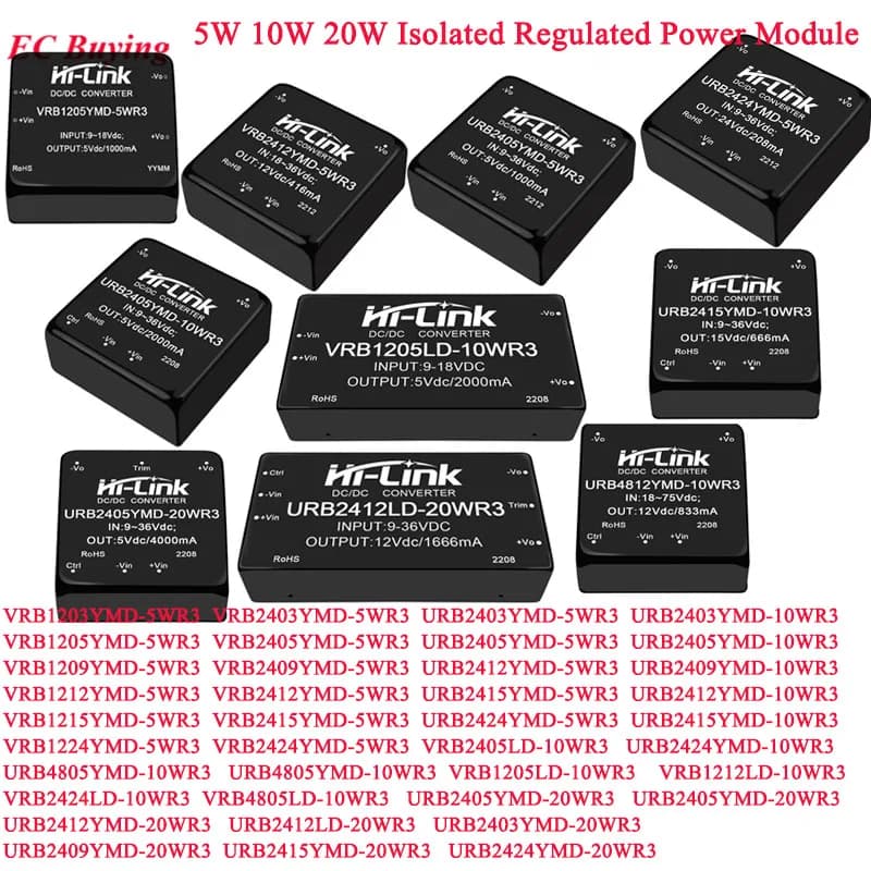 DC-DC 20W/10W/5W Isolated Regulated Power Supply Module 48V/24V/12V to 3.3V/5V/9V/12V/15V/24V URB4812YMD VRB1205YMD URB2412YMD