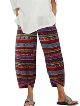 Women Cotton Linen Harem Pants Vintage Printed Wide Leg Trousers Casual Solid Pockets Harajuku High Waist Baggy Pants Joggers