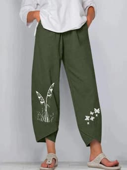 Women Cotton Linen Harem Pants Vintage Printed Wide Leg Trousers Casual Solid Pockets Harajuku High Waist Baggy Pants Joggers