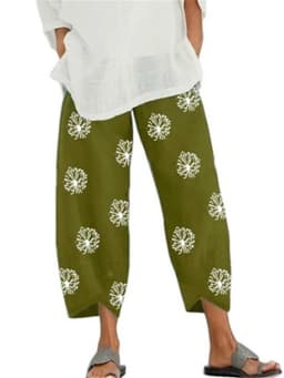 Women Cotton Linen Harem Pants Vintage Printed Wide Leg Trousers Casual Solid Pockets Harajuku High Waist Baggy Pants Joggers