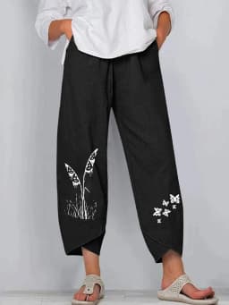 Women Cotton Linen Harem Pants Vintage Printed Wide Leg Trousers Casual Solid Pockets Harajuku High Waist Baggy Pants Joggers