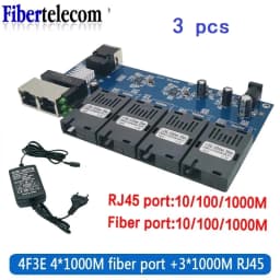 Gigabit Fiber Optic Media Converter SC 100/1000M PCBA Board Singlemode 4 Fiber 3 RJ45 Ethernet Switch Transceiver Simplex
