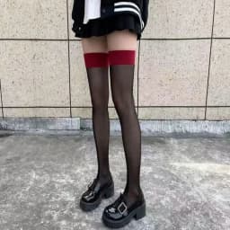 JK Costumes Women Sexy Thigh High Fishnet Stockings Lolita Girls Gothic Punk Transparent Over Knee Red Wide Edge Long Socks