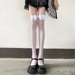 JK Costumes Women Sexy Thigh High Fishnet Stockings Lolita Girls Gothic Punk Transparent Over Knee Red Wide Edge Long Socks