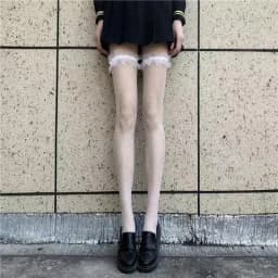 JK Costumes Women Sexy Thigh High Fishnet Stockings Lolita Girls Gothic Punk Transparent Over Knee Red Wide Edge Long Socks