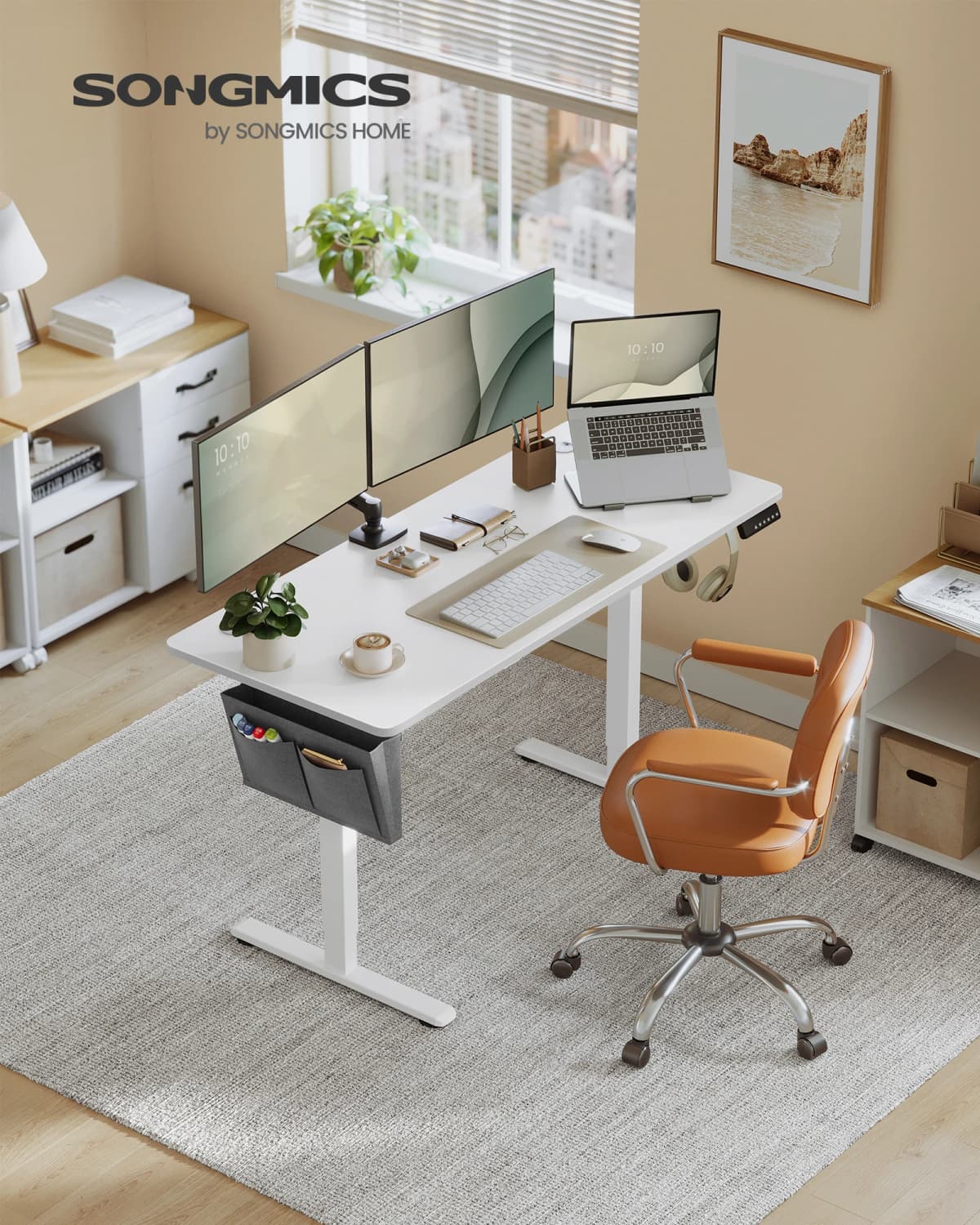 SONGMICS Electric Height Adjustable Desk, 60 x 140 x (72-120) cm, 4 Memory Heights, Storage Pocket, for Home Office, Study