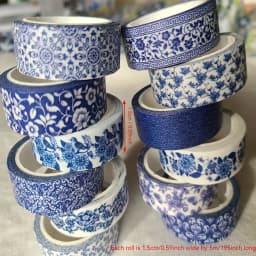Blue & White Washi Tape Set; Pretty Chinoiserie Designs; 12 Rolls! Decorative Tape; Journaling, Scrapbooking
