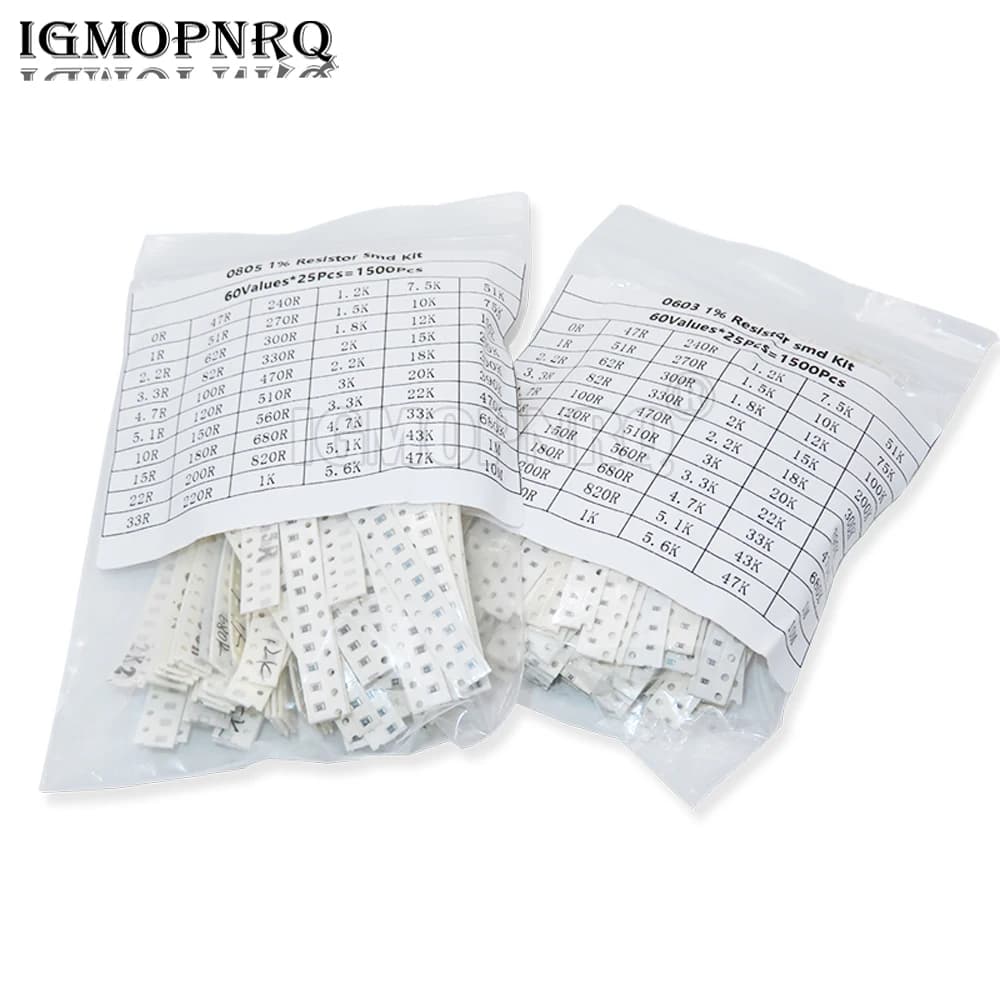 1500PCS SMD 0603 0805 Resistors Assorted Set (60 Values X 25Pcs) 0R-10M Ohm 1% High Precision Film Chip Resistance Kit