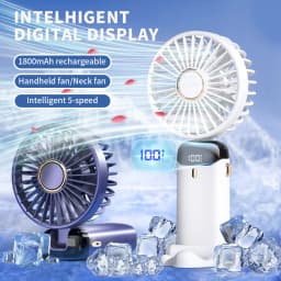 Mini Portable Handheld Fan Foldable Neck Hanging Fans 5 Speed USB Rechargeable Fan with Phone Stand and Display Screen 1800mAh