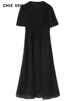 CHIC VEN Women Dresses French Style Vintage V-neck Puff Sleeve Long Dress Solid Black Loose Female Clothing Summer New 2023
