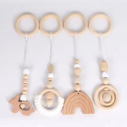 4Pcs Wooden Baby Toys Wooden Beech Activity Gym Frame Stroller Hanging Pendants Toys Teether Ring Nursing Rattle Toys Room Decor