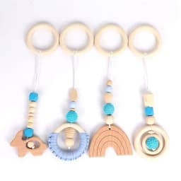 4Pcs Wooden Baby Toys Wooden Beech Activity Gym Frame Stroller Hanging Pendants Toys Teether Ring Nursing Rattle Toys Room Decor